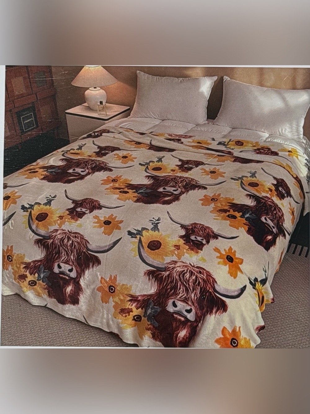 New king size soft thick flannel Blanket cow and floral print brown yellow